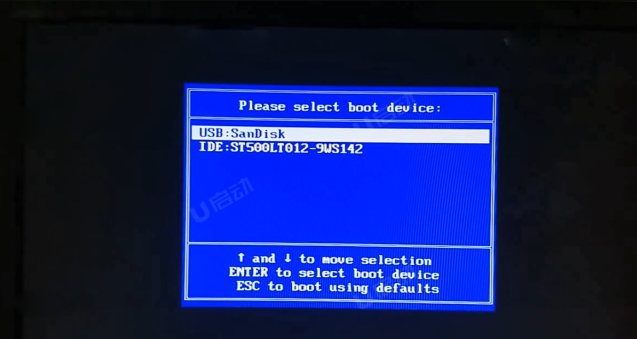 在启动选项窗口中选择usb SanDisk