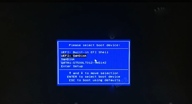在启动选项窗口中选择uefi:SanDisk