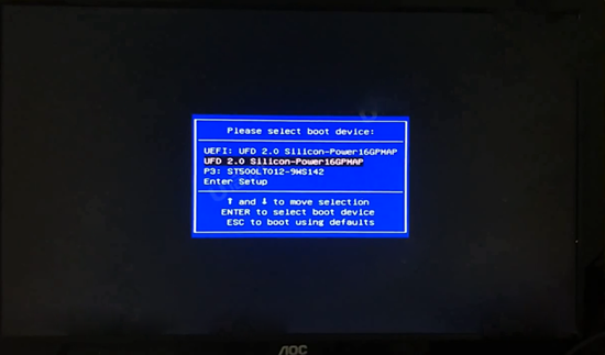 在启动选项窗口中选择UFD2.0silicon-power16GPMAP