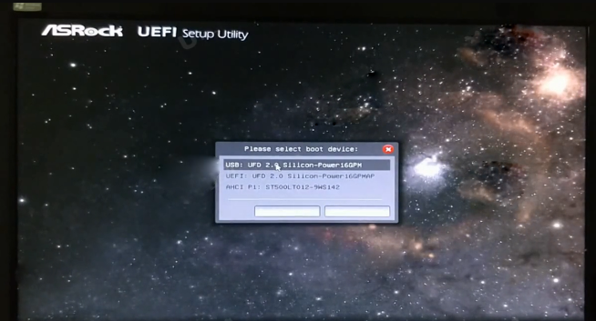 在启动选项窗口中选择usb:UFD2.0