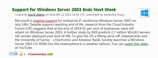 Windows Server 2003将停止服务